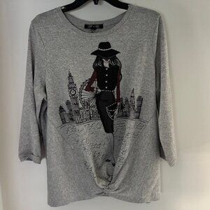 Love + Lace Heart Gray Top L Knotted Hem London Pullover 3/4 Sleeve Bling Chic